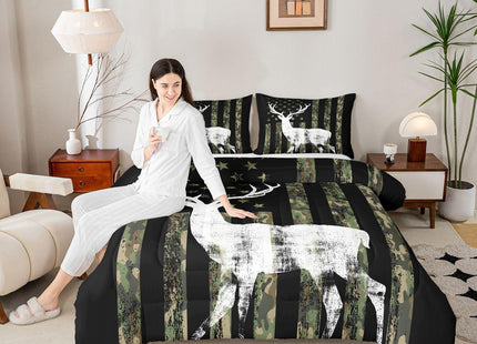 Erosebridal Kids Camo Deer Bedding Set for Boys Twin Size American Flag Hunting Comforter Sets for Men Army Green Camouflage Down Comforter Wildlife Rustic Farmhouse Quilt Set for Cabin Lodge 2 Pcs
