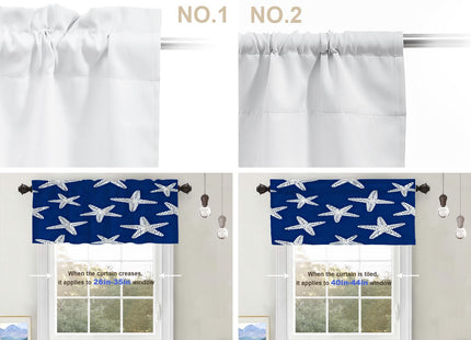 BaoNews Coastal Nautical Blackout Kitchen Curtain, Abstract Seamless Pattern with Starfish On Blue Background Window Treatment Rod Pocket Light Filtering Bathroom Short Valance 2 Pack 52X18 Inches