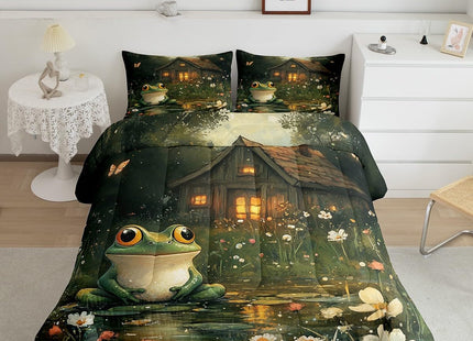 Manfei Lodge Frog Comforter Set,Rustic Cabin Jungle Wild Animal Starry Bedding Set for Kids Teens Bedroom,Nature Daisy Flowers Lake Lotus Leaves Quilt Set 2 Pcs with 1 Pillowcase,Twin