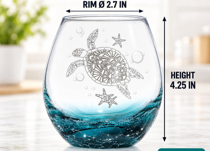 Sea Turtle Stemless Wine Glass Hand-Blown Coastal Crackle Teal Base 19oz