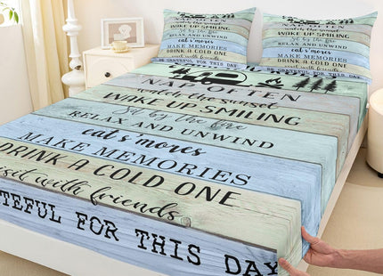 Camping Decor Bed Sheets for Rv Camper, Camper Rules Fitted Sheet Full, Lake Camper Door Bedding Set for Kids Teens Adult Bedroom, Rustic Farmhouse Sheets Cabin Decor with 2 Pillow Cases