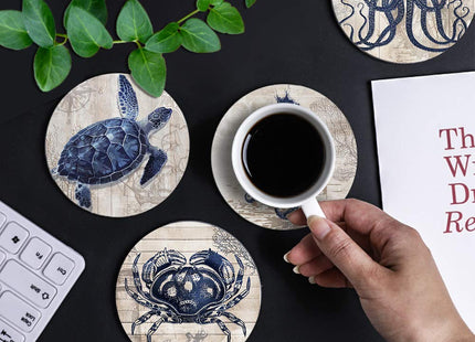 Absorbent Coasters Natural Ceramic Thirsty Stone Navy Blue Octopus Seahorse Crab Turtle Ocean Theme Coaster Set for Drinks Cork Backing (sea Animals)…
