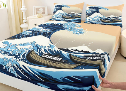 Erosebridal Japanese Style Fitted Sheet Twin for Boys Girls Ocean Wave Print Bedding Set Kids Women Ukiyo-e Theme Fitted Sheet Deep Pockets Soft Skin-Friendly Breathable Bed Sheet with 1 Pillowcase