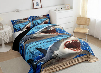 Erosebridal Kids Shark Comforter Set Full,3D Printed Shark Bedding Set Teens Funny Fish Quilt Set Blue Ocean Sealife Down Comforter,Wooden Stripes Bedroom Decor Children's Day Gifts for Boys