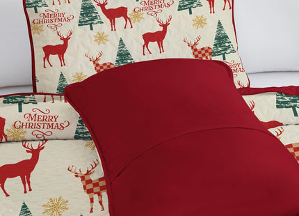 Dinjoy Quilt Set Queen Christmas,Red Beige Bedspreads Holiday Bedding Set Queen Size 3 PCs Xmas Tree Reindeer Snowflake Rustic Lodge Coverlet Set Gifts for Family Bed 90" x 96"