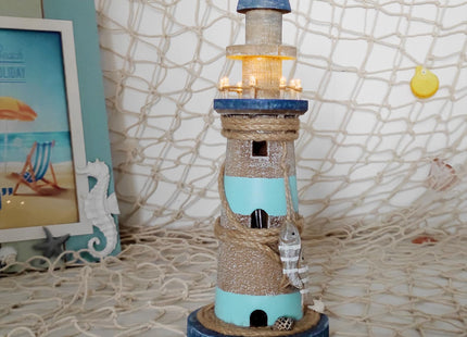 Linfevisi Wooden Lighthouse Decor with Light Tabletop Nautical Decor Solid Wood Light Houses Statue Figurines Inside Standing Coastal Beach Decoration Ocean Sea Theme Home Bathroom