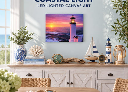 BANBERRY DESIGNS Lighted Lighthouse Canvas Wall Art with LED Lights – Nautical Beach Sunset Ocean Decor – Coastal Lighthouse Picture for Living Room, Bedroom & Bathroom – 16” x 12” – Battery Operated