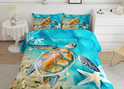 Erosebridal Ocean Themed Bedding Queen Sea Turtle Comforter Set, Hawaiian Beach Bedding Sets & Collections Teal Aqua Tortoise Down Comforter, Coastal Starfish Coral Bed Sets Aesthetic Room Decor 3pcs