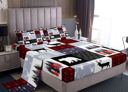Teens Hunting Moose Deer Bed Sheets, Bear Trees And Vines Patchwork Fitted Sheet Twin For Kids Boys Girls, Rustic Wildlife Sheet Set Farmhouse Country Top Sheet, Red Black Plaid With White And Gray