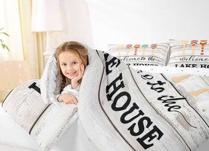Castle Fairy Rustic Farmhouse Lake House Bed Comforter Set Queen Size,Retro White Wooden Stripes Super Soft Microfiber Bedding Set for Adults Teens,Happy Camping Boating Comforter Set,2 Pillowcases