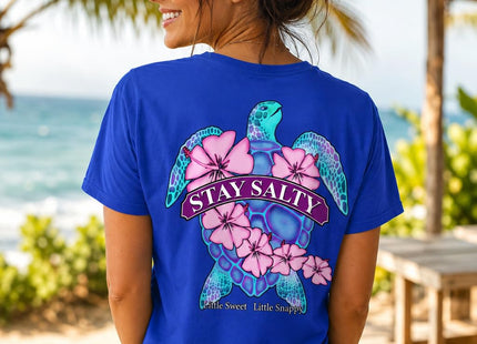 Southern Attitude Stay Salty Flower Turtle Sea Turtle Royal Blue T-Shirt