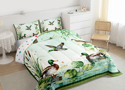 Feelyou Cute Mallard Duck Bedding Set Soft for Boys Girls, Wild Duck Hunting Comforter Set Twin Size Hunting and Fishing Duvet Quilt 3D Wild Animal Bedroom Decor Bright Green 2 Pcs with 1 Pillow Cases