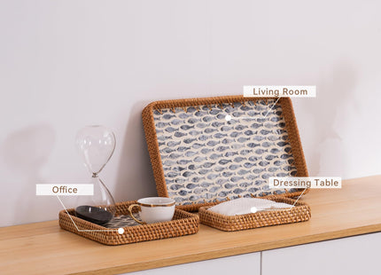 BROWNLILY Rattan Tray 3 Pcs with Mother of Pearl Inlay, Decorative Wicker Serving Tray for Bread Fruit Tea with Wooden Base, Boho Coastal Home Decor Baskets for Counter Decor & Organization (Fish)