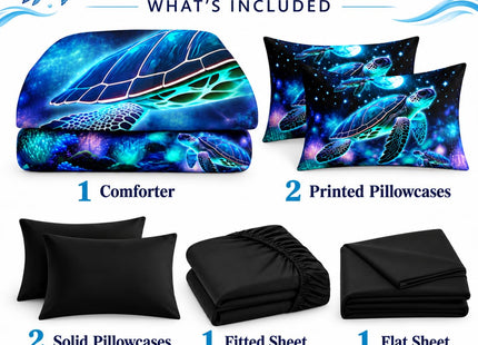 AILONEN Blue Turtle Comforter Set Twin Size,7-Piece Soft Bed in a Bag,Fairy Ocean Sea Turtle Comforter & Fitted Sheet with Flat Sheet & 2 Pillowcases,2 Pillow Shams for Bedroom