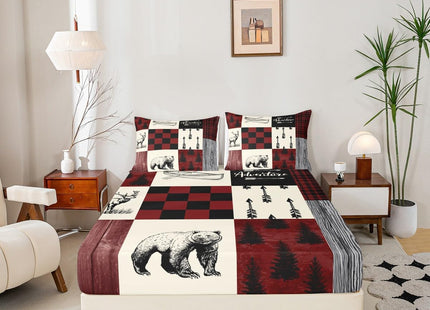 Rustic Lodge Bear Moose Deer Sheet Set Full,Patchwork Red Black Buffalo Check Plaid Bed Sheets Set Farmhouse Hunting Woodland Animal Bedding,Camping Cabin Fitted Sheet + Flat Sheet + 2 Pillow Cases