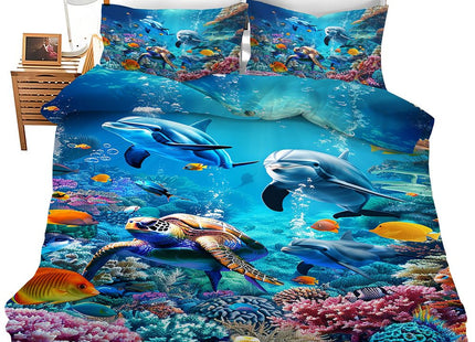 Lovira Ocean Sea Tutrle Beach Dolphin Theme 3 Pieces Duvet Cover Comforter Set with 2 Pillowcase Twin Size Nautical Fish Bed Sheet Quilt Bedroom Bedding for Lover Kids