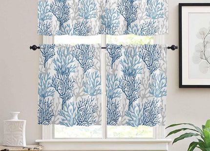 Wowouhiya Navy Blue Coral Coastal Kitchen Curtains Set Small Half Curtains 24 Inches Length, Summer Beach Seaside Nautical Rod Pocket Window Treatment Bedroom Tiers and Valance Set for Cafe Bathroom