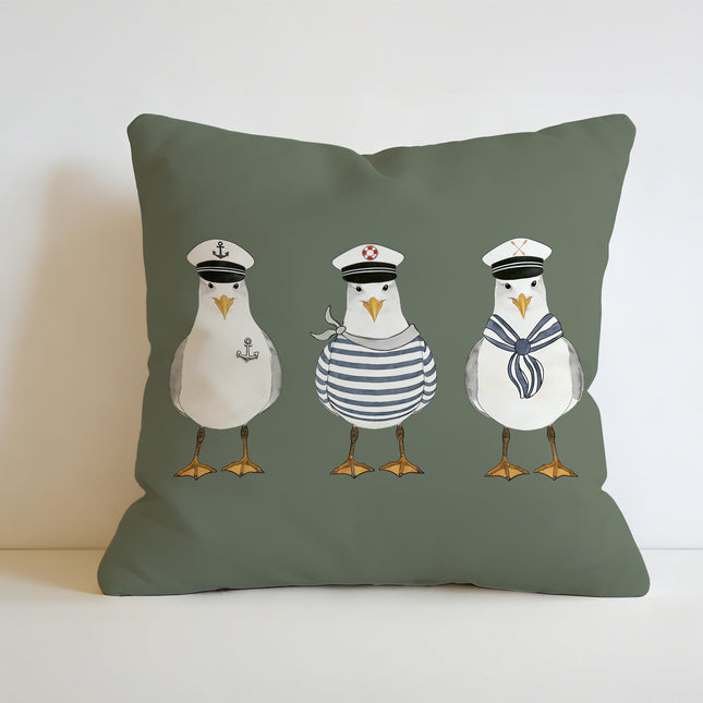 JLLBF Olive Green Nautical Throw Pillows Cover 18x18 Double-Sided, Coastal Blue Pillow Covers, Funny Seagull Decor for Home Bedroom Couch Bed, Summer Bathroom Decor