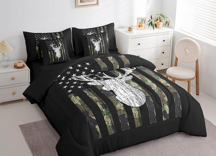Erosebridal 7 Piece Deer Camo Queen Comforter Set with Sheets Hunting Camouflage American Flag Bed in A Bag | for Kids Boys Men Rustic Farmhouse Cabin Bedding Sets Army Green Black Western Bed Set