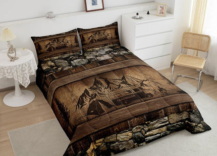 Erosebridal Rustic Farmhouse Bedding Sets Happy Camping Comforter Set for Camper Twin,Country Cabin Lodge Camper Bedding Comforter Sets Rv Accessories for Travel Trailers Quilt Set Brown Black