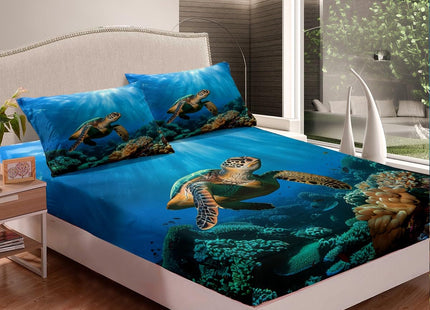 Sea Turtle Fitted Sheet Twin, Tortoise Print Bedding Set, Reptile Sea