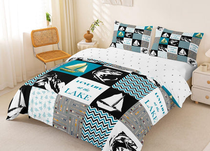 Lake House Duvet Cover Full Size,Retro Sailboat Fishing Comforter Cover Geometric Plaid Ripple Patchwork Bedding Set Rustic Farmhouse Bedspread Cover For Kids Boys Teens,Blue Black White,Corner Ties