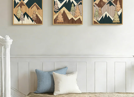 PHOPAGO Morden Mountains Framed Wall Art Boho Woodcut Pine Tree Forest Nature Landscape Artwork Bohemain Farmhouse Rustic Bedroom Home Decor - 12x16in Natural Framed