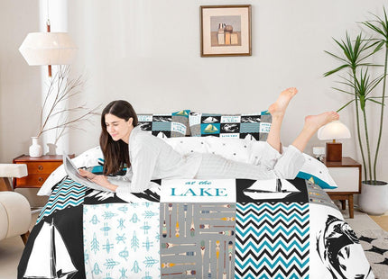 Lake House Duvet Cover Full Size,Retro Sailboat Fishing Comforter Cover Geometric Plaid Ripple Patchwork Bedding Set Rustic Farmhouse Bedspread Cover For Kids Boys Teens,Blue Black White,Corner Ties
