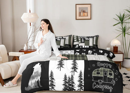 Erosebridal 7Pc Rustic Cabin Bear Queen Comforter Set with Sheets, Hunting Wolf Country Bedding Sets, Camping RV Camper Patchwork Quilts, Green Black Buffalo Plaid Bed in a Bag (Fitted + Flat Sheet)