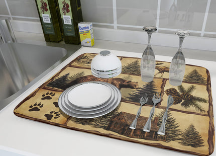 Vintage Bear Moose Dish Drying Mat 18x24 Inch Country Cabin Absorbent Dish Draining Mat Heat Resistant Drying Pad for Counter Sink Home