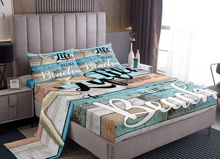 Manfei Beach Starfish Sheet Set Twin Size, Life is Better at The Beach Bed Sheet Set 3pcs with Deep Pocket Fitted Sheet + Flat Sheet + 1 Pillowcase, Rustic Farmhouse Bedding Set for Kids Boys Teens