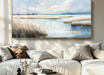 amatop Large Wall Art - Oversized Framed 58x29, Ocean Marsh Landscape Canvas Print, Horizontal Calm Coastal Nature Artwork for Bedroom Living Room Office, Neutral Farmhouse Boho Coastal Decor