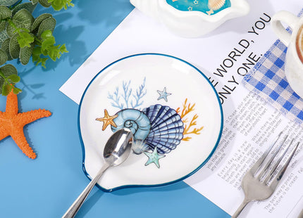 JarThenaAMCS 4.7inch Summer Spoon Rest Blue Seashell Coral Starfish Small Coffee Spoon Holder for Summer Ocean Beach Party Bar Coffee Station Accessories