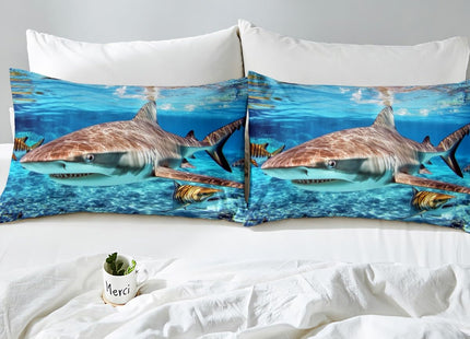 Erosebridal 3D Shark Bedding Set Underwater World Fish Comforter Cover,Nautical Sea Animal Duvet Cover Blue Ocean Marine Life Quilt Cover Under Sea Sealife Bedroom Decor Queen Size
