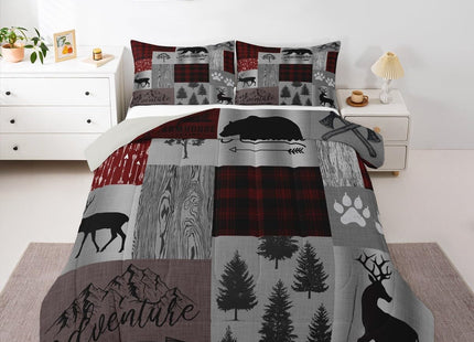 Castle Fairy Black Bear Comforter Set Twin,Hunting and Adventure Bedding Set Wild Deer Animal Quilt Set for Kids Teens Adults Room Decor Rustic Cabin Plaid Duvet Insert with 1 Pillowcase Grey and Red