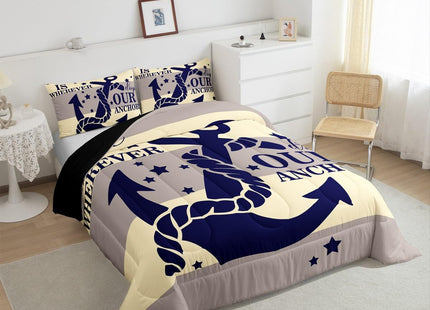 Nautical Bedding Sets Queen For Teen Boys Kids Navy Blue Anchor Comforter Set Retro Yellow and Grey Geometric Stripe Comforter Coastal Ocean Beach Quilts Bedding Summer Soft Lightweight Duvet 3 Pcs