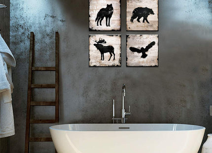 Rustic Animals Silhouette Cabin Wall Decor Wildlife Wall Art Woodland Nursery Bear Pictures for Living Room Farmhouse Moose Wolf Eagle Deer Poster Canvas Artwork Bedroom Lodge Home Decoration 12x12 4P