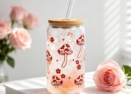 Coquette Cute Glass Cup with Lids and Straws 18OZ Mushroom Iced Coffee Cup