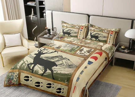 100% Cotton Farmhouse Lake House Decor Duvet Cover Twin, Rustic Hunting Deer Comforter Cover for Kids Boys Girls Teens, Retro Wild Animals Bedding, Woodland Pine Tree Paddle Plaid Decor Quilt Cover