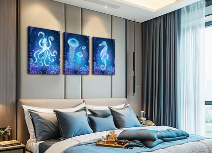 blue Ocean Life Theme Canvas Prints Wall Art Paintings for Living Room Wall Artworks Sea Animal sea horse Octopus jellyfish Pictures Bedroom Decorations 3 Panels Home bathroom Wall decor posters
