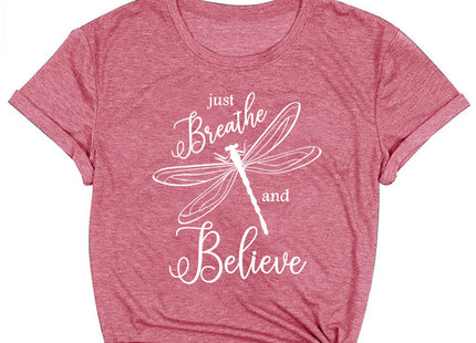 COMIZI Dragonfly Shirts for Women Just Breathe Tshirt Dragonfly Lover Entomology Tee Tops Pink