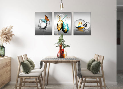 LyerArtork 3 Pieces Kitchen Canvas Wall Art Wine Glass with Butterfly Sailboat Picture Print on Gray Background Painting Modern Restaurant Dining Room Artwork Wall Decor Framed 12x16inchx3pcs