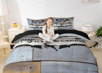 Erosebridal Camping Hunting Bedding Set Rustic Elk Deer Duvet Cover Queen Farmhouse Style Camper Theme Comforter Cover for Kids Adults,Eat Sleep Hunt and Camp Quilt Cover 2 Pillow Cases Grey Blue
