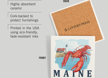 Lantern Press Maine, Lobster and Portland Lighthouse (Absorbent Ceramic Coaster, Single, Cork Back, Kitchen Table Decor)