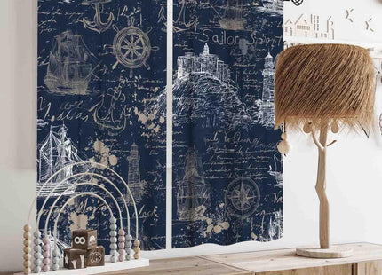 Vintage Nautical Curtains, Marine Coastal Sailboat Compass Anchor Ocean Beach Old Pirate Map Navy Blue Blackout Retro Drapes for Bedroom Living Room Kitchen Bathroom Window 2 Panels, 42"x45" Inch