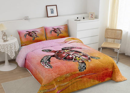 Sea Turtle Kids Ombre Gradient Bedding Set, Girls Tortoise Reptile Duvet Set with Geometric Stripes, Pastel Marine Life Quilted Comforter, Queen