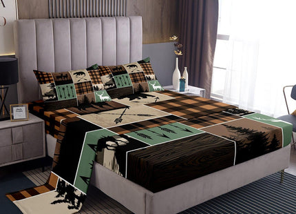 Erosebridal Farmhouse Retro Rustic Sheet Set Twin Size, Kids Country Bear Deer Bed Sheet Hunting Wild Animal Fitted Sheet - Plaid Arrows Flat Sheet Adventure Patchwork - 1 Pillow Case, Brown Green