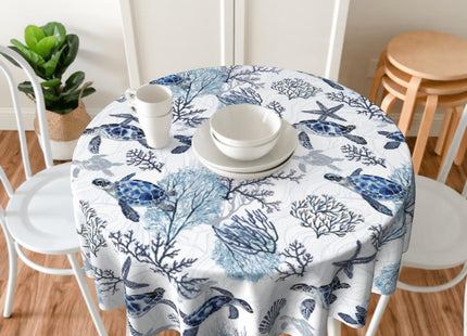 Giwawa 60in Sea Turtles Round Tablecloth, Nautical Coastal Blue Tortoise Table Cover, Beach Themed Coral Starfish Washable Table Cloth for Dining Kitchen Picnic Indoor Outdoor Decor