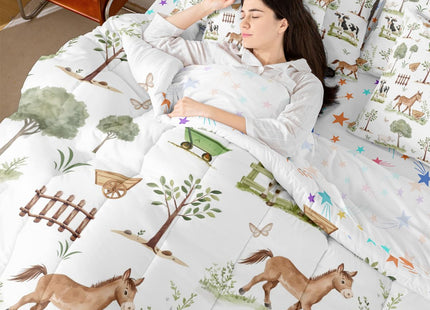Erosebridal 7 Pcs Cute Farm Animals Kids Comforter Set Cartoon Horse Sheep Cow Pig Twin Bedding Set for Child Rustic Farmhouse Cabin Comforter Woodland Animal Trees Top Sheet for Boys Girls Bedroom