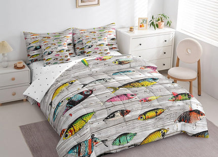 Feelyou Fishing Bait Comforter Set 7 Pieces Queen Size Fishing and Hunting Bedding Set for Kids Boys Girls Country Wood Bed in a Bag with Comforter + Sheets + Pillowcases + Cushion Covers